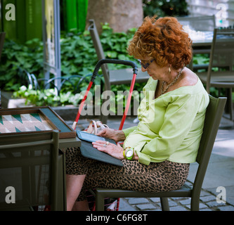 Un lettore utilizza il suo Amazon Kindle ereader in Bryant Park di New York il Mercoledì, 24 agosto 2011. (© Richard B. Levine) Foto Stock