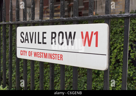 Savile Row strada segno, Londra, Inghilterra Foto Stock