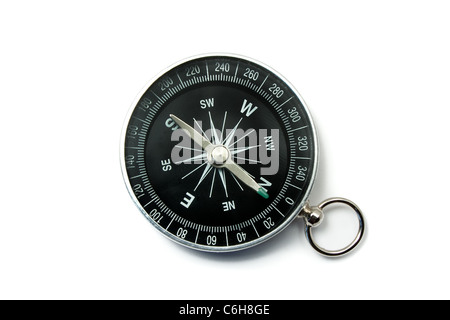 Compass nero con simboli verde sul quadrante isolato su bianco Backround Foto Stock