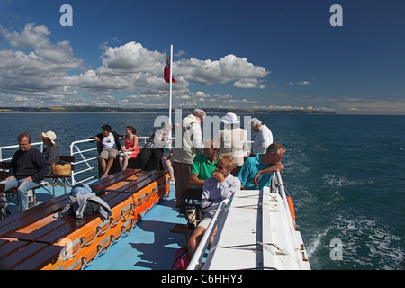 I passeggeri a bordo di un traghetto barca a vela lungo la South Devon costiera tra Dartmouth e Salcombe, Devon, Inghilterra, Regno Unito Foto Stock