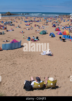 Giornata intensa a Bude Beach, Bude, Cornwall, Regno Unito Foto Stock