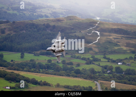 Un basso battenti USAF F15, da 493d Fighter Squadron a RAF Lakenheath, formazione in Mach Loop, Galles. Preso da Cad Est Foto Stock