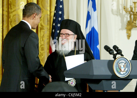 Il Presidente Usa Barack Obama e Arcivescovo Demetrios Primo Ministro Papandreou di Grecia parla durante un evento che celebra il Greco Foto Stock