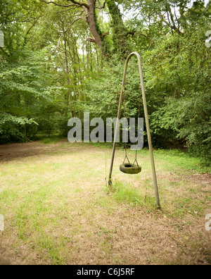 Lonely tire swing in una radura boschiva Foto Stock