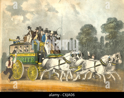 Pullman e quattro in viaggio a Epsom sulla Derby giorno Foto Stock