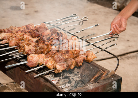 Stuzzicanti shish kebab su spiedini di metallo Foto Stock