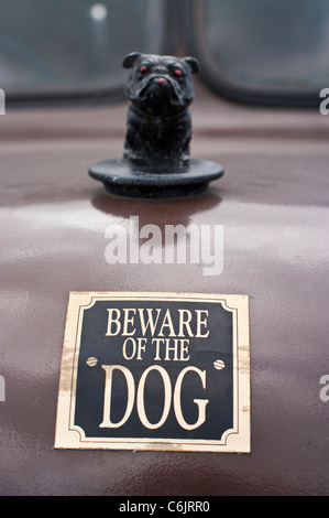 Segno attenzione al cane sulla parte anteriore di un vecchio veicolo commerciale visto in occasione di una mostra Foto Stock