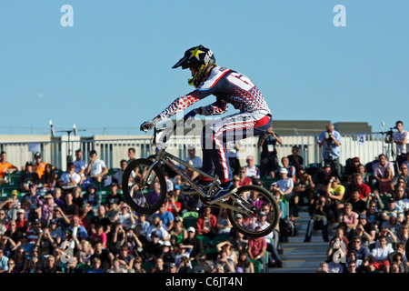 Mens BMX gara al Parco Olimpico. Evento di prova per il London prepara la serie. Foto Stock