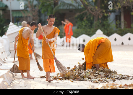 I monaci tailandesi morti di spazzamento foglie in Temple Square, Chiang Mai, Thailandia Foto Stock