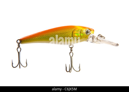 Oro e arancio tappo pesca esca isolati su sfondo bianco Foto Stock