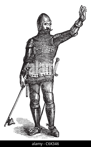 Soldato francese in armatura in 1370, antica incisione. Vettore, incisi illustrazione del soldato in armatura in epoca medievale. Foto Stock