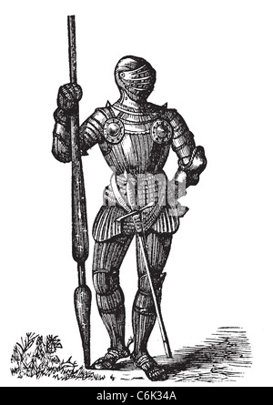 Enrico VII armor, re d'Inghilterra, antica incisione. Vettore, illustrazioni incise del re Enrico VII corpo pieno armor, con la sua lancia Foto Stock