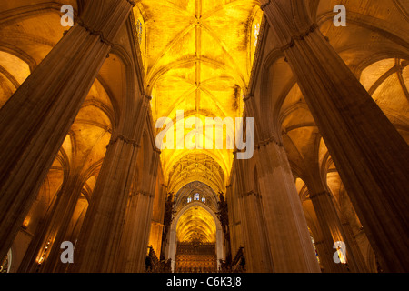 Siviglia Basilica Cattedrale interno con antiche vetrate, scultura, colonne e bella arte. Foto Stock