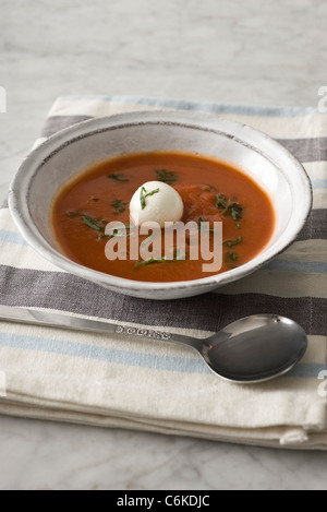 Zuppa di pomodoro con grani di pepe verde e mozzarella di bufala Foto Stock