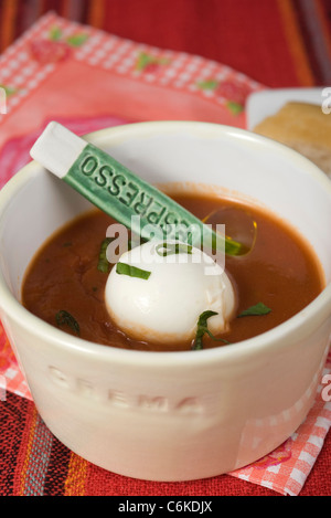 Zuppa di pomodoro con grani di pepe verde e mozzarella di bufala Foto Stock