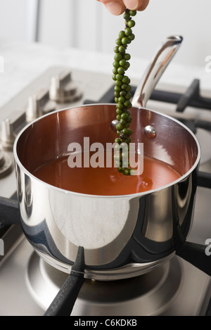 Zuppa di pomodoro con grani di pepe verde e mozzarella di bufala Foto Stock