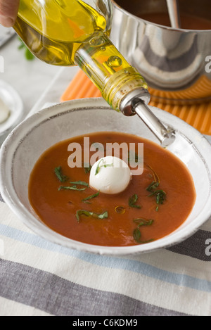 Zuppa di pomodoro con grani di pepe verde e mozzarella di bufala Foto Stock