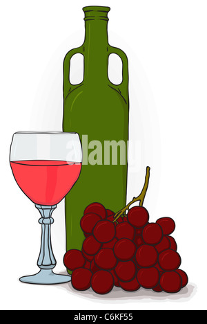 Semplice disegno - una bottiglia e un bicchiere di vino e uva Foto Stock