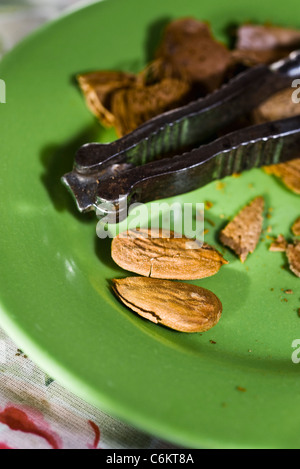Mandorla fresca e schiaccianoci su piastra Foto Stock