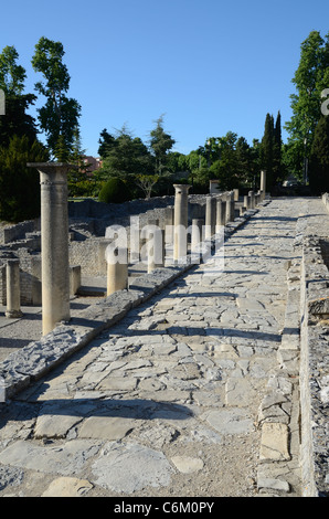 La strada principale o strada dello shopping con negozi di colonnate nella città romana o rovine di Vaison-la-Romaine, Vaucluse Provence, Francia Foto Stock