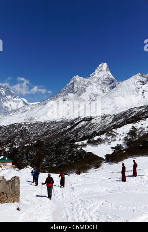 La vista dal monastero di Tengboche con Ama Dablam montagna prominente, Everest Regione, Nepal Foto Stock