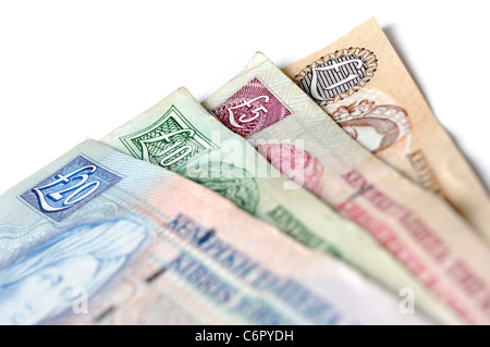 Sterline cipriote 20 10 5 1 libbra di fatture in una fila isolato close-up su sfondo bianco Foto Stock
