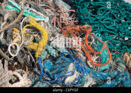Reti in materia plastica e corde raccolti su un Nord isola del Pacifico dai turisti per prevenire i danni agli uccelli o altri animali selvatici Foto Stock