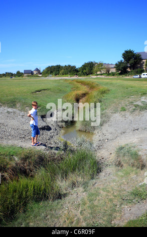 I ragazzi sul Salt Marsh nella baia di Le Mont Saint Michel a Le Gue de l'Epine, Avranches, Manche, Normandia, Francia Foto Stock