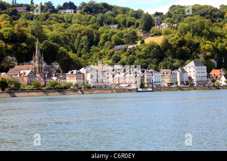 Vista la Bouille dal fiume Senna, La Bouille, Eure, Haute Normandie, Normandia, Francia Foto Stock