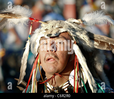 Partecipante in un powwow tenutasi durante l'annuale Festival Shoshone-Bannock a Fort Hall, Idaho, indossando una testa di lupo copricapo. Foto Stock