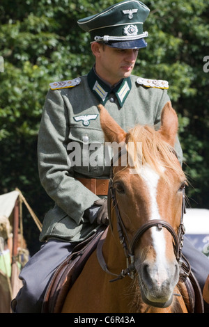 Il capitano delle SS Brigata di cavalleria su un cavallo di castagno ad una rievocazione storica di Equus caballus ferus Foto Stock