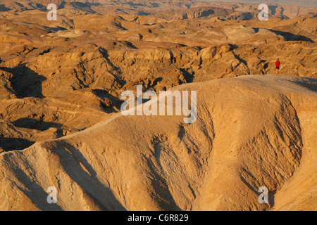 Il paesaggio del deserto con la ragazza guardando sopra la valle sottostante da una alta cresta Foto Stock