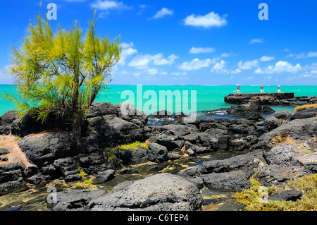 Spiaggia rocciosa in Cap Malheureux, Riviere Du Rempart, Mauritius. Foto Stock