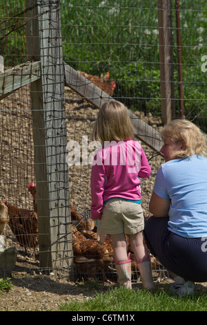 Malabar Farm State Park nonna con nipote fuori con polli vista posteriore vivere la vita quotidiana foto in Ohio Stati Uniti verticale ad alta risoluzione Foto Stock