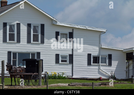 Amish un cavallo buggy con la fattoria che vive lo stile di vita quotidiano americano in Ohio negli Stati Uniti nessuno cielo blu orizzontale ad alta risoluzione Foto Stock