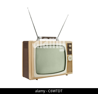 Anni sessanta televisione portatile con le antenne fino - laterale ad angolo. Isolato su bianco. Foto Stock