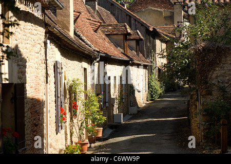 Un vicolo tranquillo del cottage in pietra in Limeuil, un borgo collinare sul fiume Dordogna nel Perigord, Francia. Foto Stock