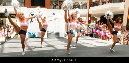 Cheerleaders esegue una routine al 2010 delfini di Miami finale di Cheerleader Auditions a Aventura Mall di Aventura, in Florida Foto Stock
