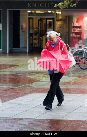 Donna shopping e lottando con un ombrello nel vento e pioggia Foto Stock