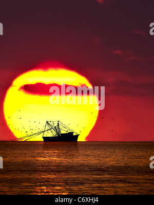 Una barca da gamberetti incorniciato in silhouette contro il Rising Sun con reti il fanalino di coda come reti da traino pelagiche per gamberetti. Foto Stock