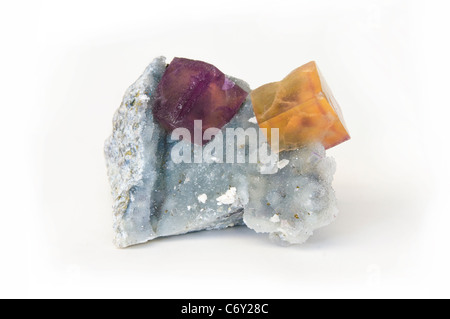 I cristalli di fluorite su quarzo drusy matrix Foto Stock