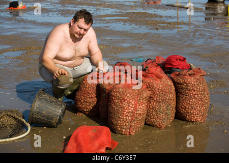 Cocktail in spiaggia con bassa marea su appartamenti di sabbia a Marshside all'inizio della stagione di Cockle picking. Incontro con le mani autorizzato a Southport, Merseyside, Regno Unito Foto Stock