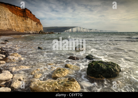 Vista di sette sorelle da Seaford Testa, East Sussex,.England Regno Unito Foto Stock