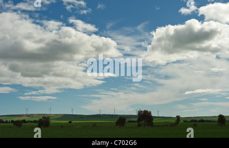 Windtower per centrali eoliche turbina eolica paesaggio rurale cieli blu verde nei campi di energia alternativa Australia Foto Stock