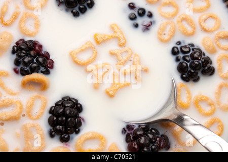 Le parole imposta giorno enunciato alla lettera a forma di pezzi di cereali galleggianti in un latte riempito ciotola di cereale. Foto Stock