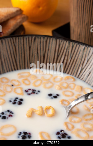 Una ciotola di alfabeto pezzi di cereali fluttuante nel latte con la parola NO enunciato. Foto Stock