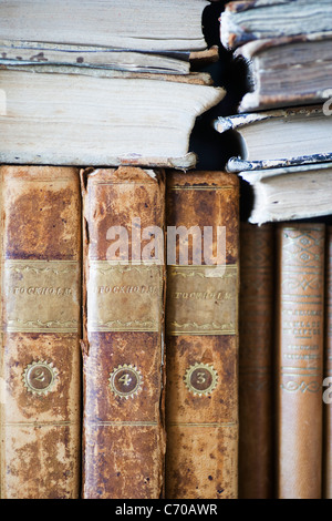 Close up della pelle vecchi libri rilegati Foto Stock