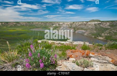 Fiume Missouri dalla parte superiore del foro nel muro di roccia formazione; alto fiume Missouri si rompe il monumento nazionale, Montana. Foto Stock