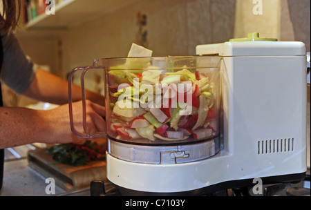 Giovane donna 20s utilizzando ingredienti freschi e frullatore rendendo coleslaw nella sua cucina domestica Foto Stock