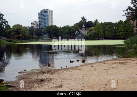 Edifici alti visto all'estremità nord di Central Park di Harlem New York Foto Stock